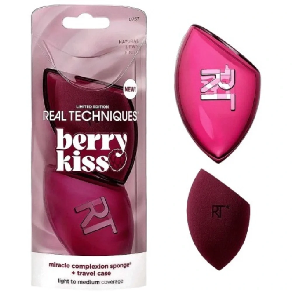 Real Techniques Berry Kiss Miracle Complexion Sponge + Travel Case - New